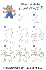 How to draw a werewolf vector illustration. Draw werewolf step by step. Cute and easy drawing guide.