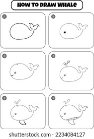 How to draw Whale step by step for kids. draw animal step by step