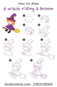 How to draw a witch riding a broom vector illustration. Draw a witch riding a broom step by step. Cute and easy drawing guide.