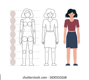 How to draw a woman. Tutorial for drawing proportions and human anatomy. Instructions for artists. Outline and flat vector illustration of a front view of a female silhouette.