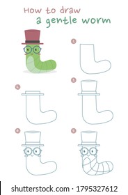 How to draw a worm vector illustration. Draw a gentle worm step by step. A worm wearing hat drawing guide. Cute and easy drawing guidebook.