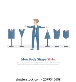 How to Dress For Your Body type Shape for Men,guide clothing measurement,Male body figures,(Triangle,Inverted,Triangle,Rectangle,Oval,Trapezoid),Vector illustration.