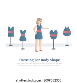 Cómo vestir para mujer de forma corporal, mujer diferente (redondeada, triángulo, triángulo invertido, rectángulo y vidrio de color), tipos,Elegir ropa que encaja y se ve bien,Ilustración vectorial.