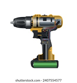 How drill works. Industrial 3D hand tool diagram. Isolated yellow screwdriver. Electronic scheme of fix service instrument. Battery work machine sketch. Vector illustration