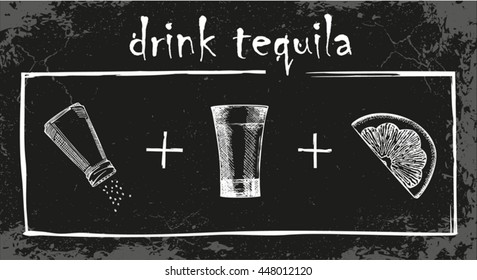 How to drink tequila. Glass of tequila with lemon slices and salt on a dark background. Vintage style.