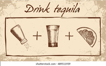 How to drink tequila. Glass of tequila with lemon slices and salt on  the old background. Vintage style.