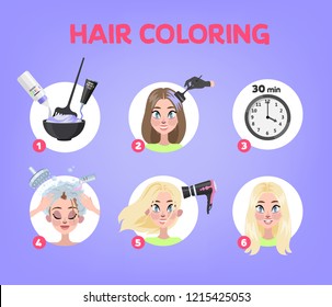 How to dye your hair at home guide. Step-by-step instruction for hair coloring process. Beauty procedure. Apply color creme on hair with brush. Isolated vector illustration