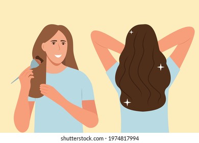 How to dye your hair at home guide. Hair coloring process. Beauty procedure. Apply color creme on hair with brush. Before and after. Vector illustration