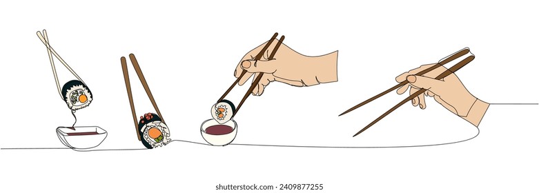 How to eat sushi, chopsticks, dip sushi in sauce one line art. Continuous line drawing of sushi, japanese, food, roll, culture, tasty, restaurant, japan, asian, sea, menu