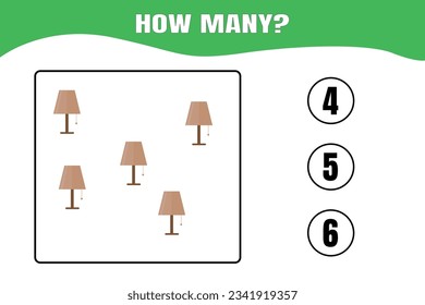 ¿Cuántos? Juego educativo de matemáticas para niños. Diseño de hoja de cálculo imprimible.