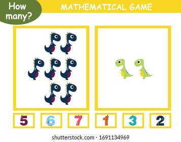 How many? educational page with mathematical games for children. how many dinosaurs on a page, circle the correct number