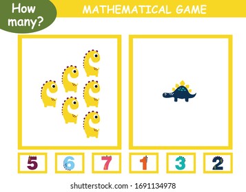 How many? educational page with mathematical games for children. how many dinosaurs on a page, circle the correct number