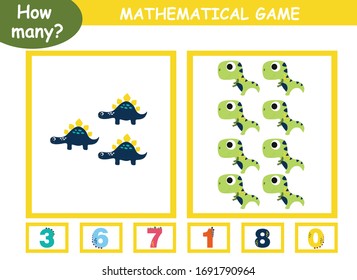 Wie viele? Lernseite mit mathematischen Spielen für Kinder. wie viele Dinosaurier auf einer Seite, die korrekte Zahl umkreisen