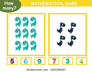 ¿Cuántos? página educativa con juegos matemáticos para niños. cuántos dinosaurios hay en una página, rodear el número correcto