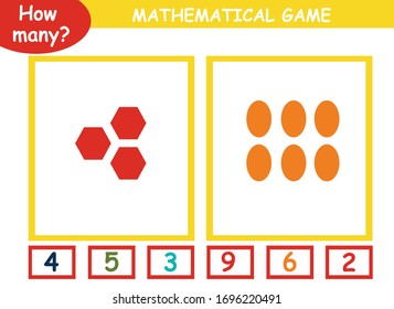 How many? educational page with mathematical games for children. how many geometric shapes on a page, circle the correct number