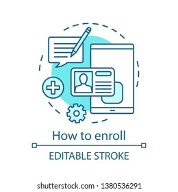 Cómo inscribir el icono de concepto. Registro en línea. Agregar contacto. Crear cuenta. Administración de grupos de red. Ilustración de la línea delgada de la idea del chat de negocios. Dibujo de contorno aislado del vector. Trazo editable