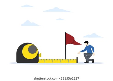 how far from goal and business achievement or growth metric analysis concept, Business success measurement, smart businessman using measuring tape to measure and analyze distance from flag target.