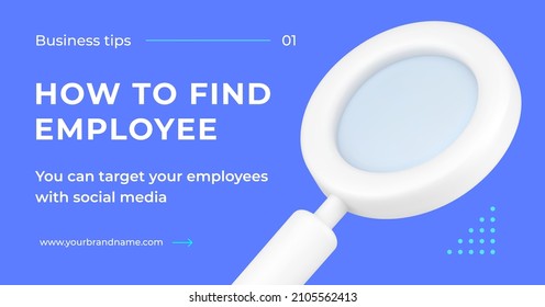 How to find employee promo advertising recruitment service with 3d icon magnifying glass horizontal banner vector illustration. Headhunting business tips decorative design with place for text