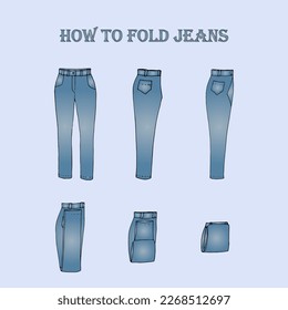 How to fold jeans pants to save space. Step by step. Hand-drawn.