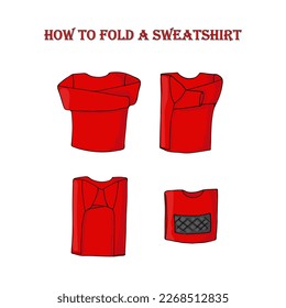 How to fold a sweatshirt, red sweatshirt on white background, tutorial step by step