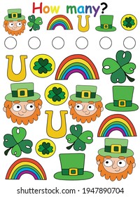 How many? funny irish themed game for children stock vector illustration. I spy educational puzzle colorful vertical activity page. Find and count all leprechauns, clovers, horseshoes, rainbows, etc