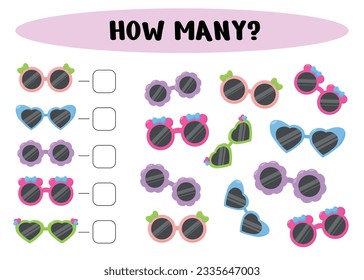 How many? A game for children. Educational math game. How many sunglasses are there - count the number