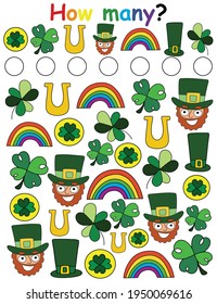 How many? game for children stock vector illustration. Funny educational cartoon puzzle vertical printable page. Find and count all hidden objects. Hand drawn St Patrick's Day colorful activity page