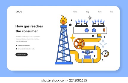 Cómo llega el gas al banner web de consumo o a la página de aterrizaje. Sistema de transporte de gas natural. Industria de extracción de recursos naturales. Combustible fósil y concepto de energía respetuoso con el medio ambiente. Ilustración vectorial plana