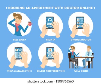 How to get consultation with a doctor using mobile phone instruction. Online medical consultation with specialist. Register to the hospital. Vector flat illustration