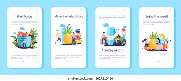 How to get fit and healthy lifestyle tips mobile application banner. Start today. Fresh food and diet as daily routine. Fitness sport exercise. Isolated flat vector illustration