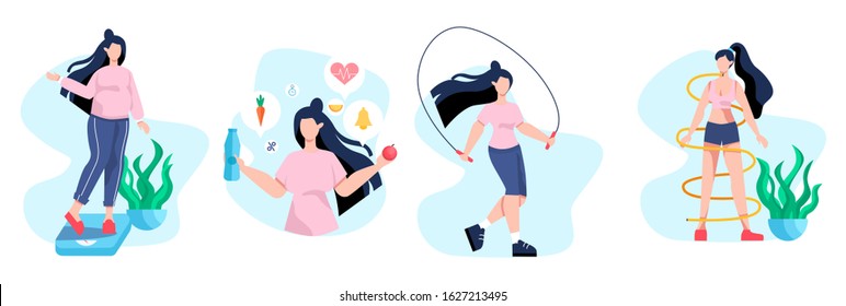 How to get fit and healthy lifestyle tips set. Start today. Fresh food and diet as daily routine. Fitness sport exercise. Isolated flat vector illustration