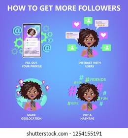 How to get many follower guide for people who want to be popular. Internet feedback, like and share. Life in social media. Isolated flat vector illustration