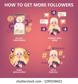 How to get many follower guide for people who want to be popular. Internet feedback, like and share. Life in social media. Isolated flat vector illustration