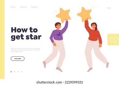 Cómo obtener el concepto de estrella de la página de aterrizaje con personas con estrellas da a los clientes una revisión de tarifas para negocios o productos. Clientes que ponen dos posiciones para la calidad y evaluación del servicio. Ilustración vectorial plana
