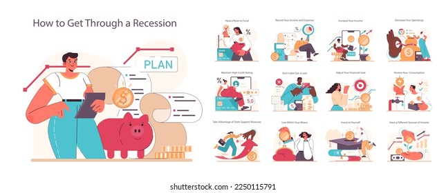 How to get through a recession set. Risk management, effective tips in conditions of economic stagnation. Economic activity decline, wealth-saving actions. Flat vector illustration