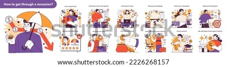 How to get through a recession set. Risk management, effective tips in conditions of economic stagnation. Economic activity decline, wealth-saving actions. Flat vector illustration