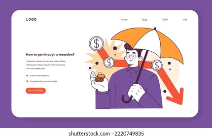 How to get through a recession web banner or landing page. Risk management, effective tips in conditions of economic stagnation. Wealth-saving actions. Flat vector illustration