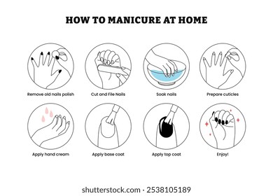 Como dar-se manicura em casa passo a passo instrução infográfico cartaz design, com remover esmalte de unha, cortar e pregos de arquivo, molhar unhas, preparar cutículas, aplicar revestimento de base e revestimento superior.