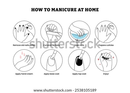 How to give yourself manicure at home step by step instruction infographic poster design, with remove nail polish, cut and file nails, soak nails, prepare cuticles, apply base coat and top coat.