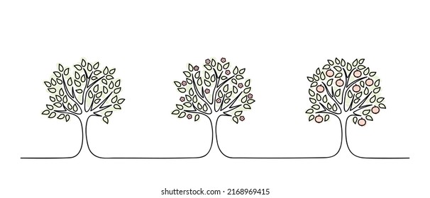 cómo cultivar una manzana, etapa de cultivo de manzanas, jardín de frutas, decoración de pared horizontal para la tienda de jardinería, ilustración vectorial de línea negra, concepto de naturaleza, doodle de jardinería, elemento artístico simple