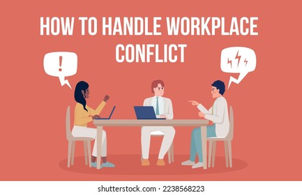 How to handle workplace conflict flat vector banner template. Crisis management for team poster, leaflet printable color designs. Editable flyer page with text space. Bebas Neue Bold font used