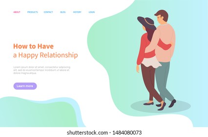 How to have happy relationship, embracing man and woman in casual clothes, male and female holding each other, back view of lover character vector. Website or webpage template, landing page flat style