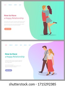 How to have happy relationship, embracing male and female, smiling couple or friends together, side view of man and woman, people feelings vector. Website or webpage template, landing page flat style