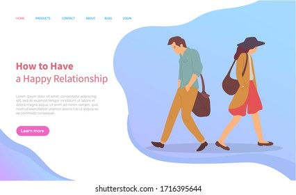 How to have happy relationship online, man and woman with sad face, side and full length view of going people in casual clothes, feelings vector. Website or webpage template, landing page flat style