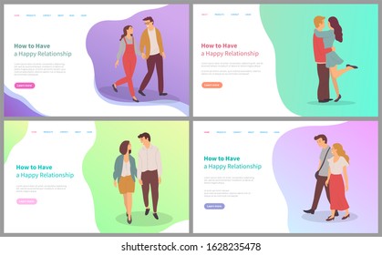 How have happy relationship set, man and woman embracing or holding hands on date, couple dating appointment, feelings boyfriend and girlfriend vector. Website template, landing page flat style