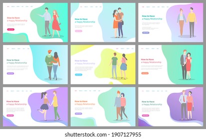 How to have a happy relationship a set of landing pages with a smiling young couple enjoying a date together. A guy and a girl are walking together, holding hands, hugging, romantic meeting