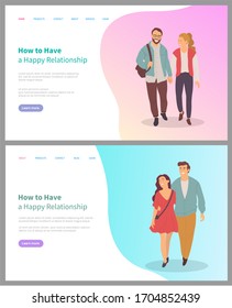 How to have happy relationship, smiling man and woman embracing, holding hands, portrait view of couple, boyfriend and girlfriend walking vector. Website or webpage template, landing page flat style