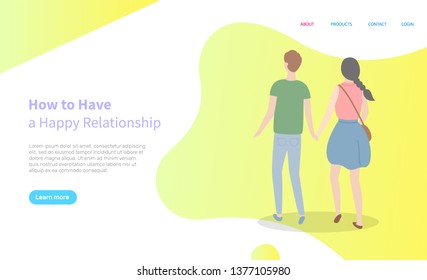 How to have happy relationship web decorated by going couple with holding hands, back view of male and female together, friendship or love vector. Website or webpage template, landing page flat style