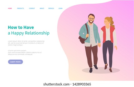 How to have happy relationships, couple walking together in pairs, cartoon characters. Vector guy and blonde girl, dating man and woman on walk. Website or webpage template, landing page flat style