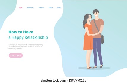 How to have happy relationships, students in love, male and female cartoon characters. Vector guy and brunette girl in red dress, teenage people. Website or webpage template, landing page flat style